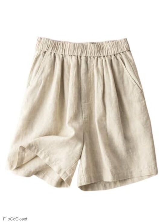 Pants - Wide Leg Linen Shorts Elastic High Waisted Pleated Loose Casual Comfy